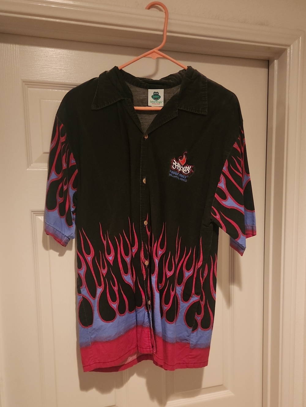 Señor Frogs Vintage Black Button-Up Shirt with Pink & Blue Flame Design